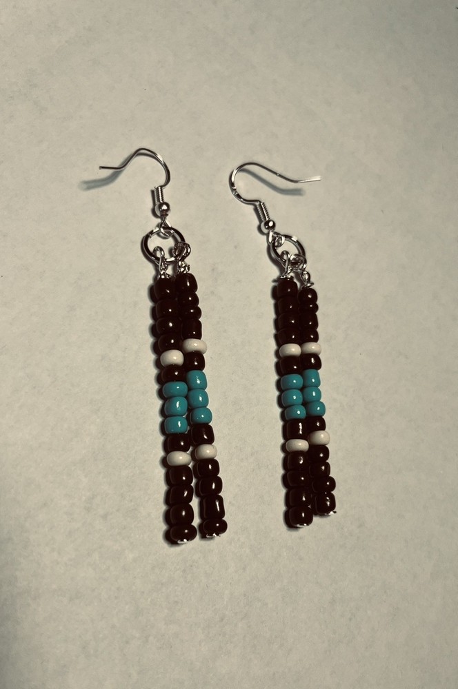 Native American seed bead dangle Earrings Handmade Approx. 2.5” brown & aqua
