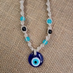 Natural Hemp Necklace w/ Evil Eye Charm & Beads, 18-23 inch Ready to Ship