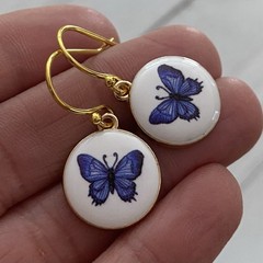 Min Favorit Blue White Ceramic Butterfly Charm & Gold Pl Artisan Drop Earrings