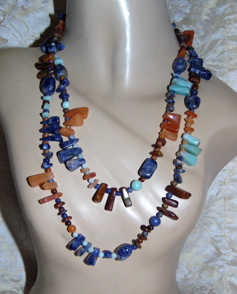 VINTAGE SEMI-PRECIOUS GEMSTONE ENDLESS STRAND NECKLACE 48″ LONG