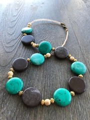Handmade Necklace of Red Marble with Teal, Blue, and Beige Magnesite Stone Beads