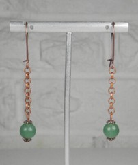 Green Jade Rolo Chain Round Bead Pierced Earrings Handmade Antique Copper New