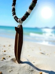 Wooden Surfboard Necklace – 1.75″ Beaded Pendant with Fin Detail, Handmade