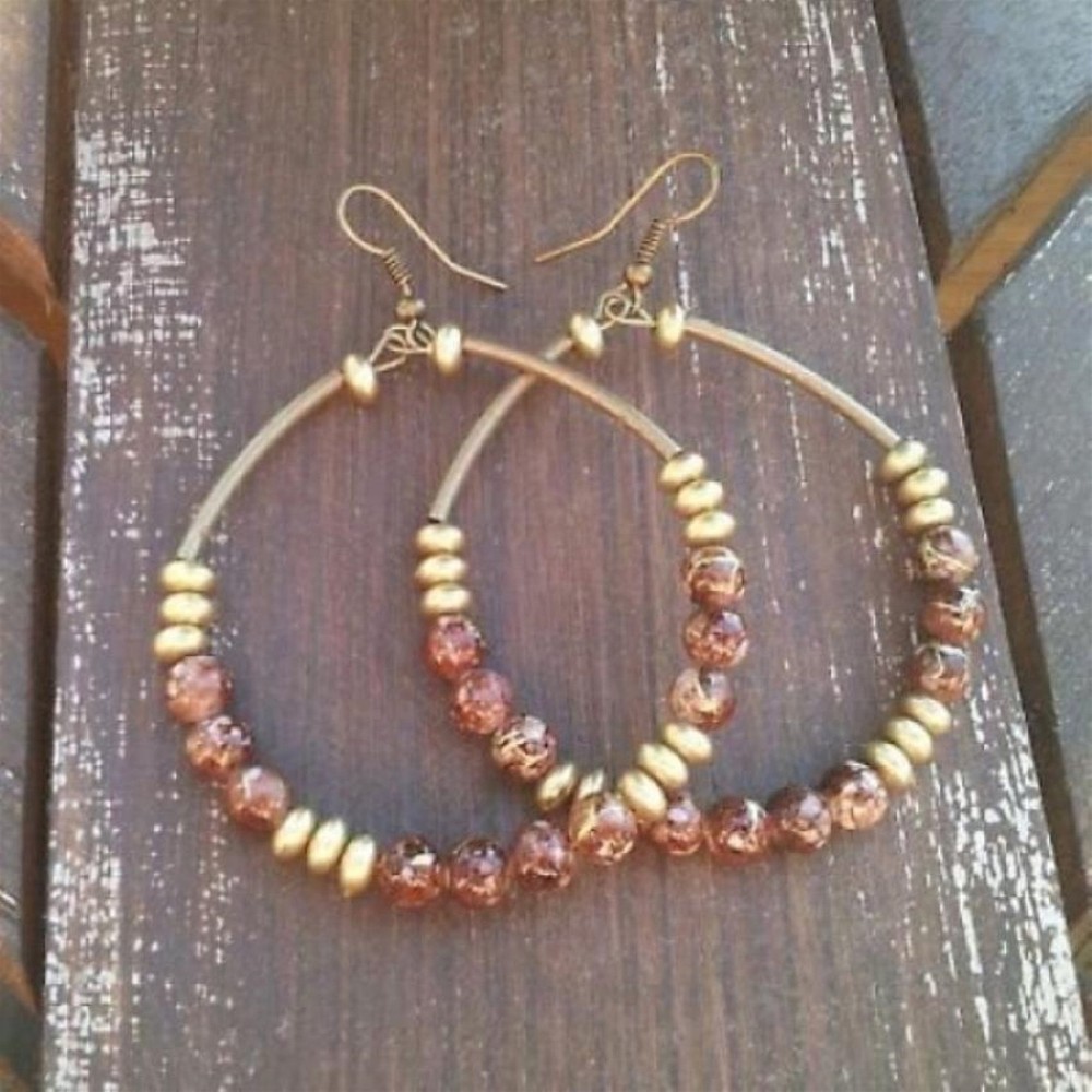 Handcrafted Big Beaded Hoop Earrings 3″ Long Antiqued Brass Gold Mocha Brown
