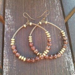 Handcrafted Big Beaded Hoop Earrings 3″ Long Antiqued Brass Gold Mocha Brown