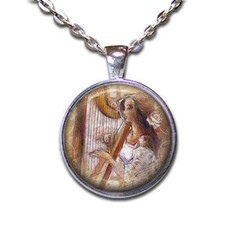 Harp Music Lovers Harpist Vintage Design Handmade Round Glass Pendant Necklaces