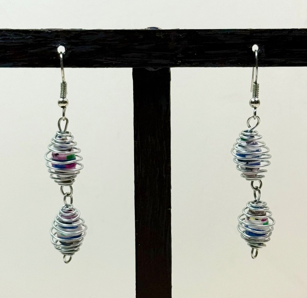 Handmade Recycled Paper Bead Dangle Earrings in Silver Cage on Silver Hooks