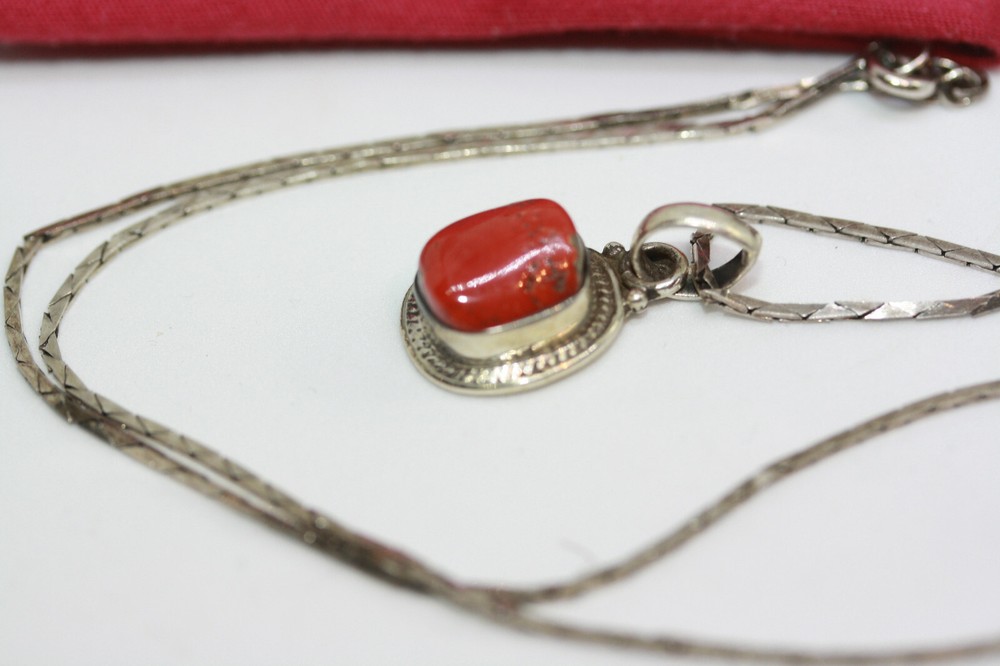 Estate Mexican 925 Silver Coral Jasper Pendant Necklace 45 CM 18″ HeShe Chain