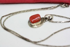 Estate Mexican 925 Silver Coral Jasper Pendant Necklace 45 CM 18″ HeShe Chain