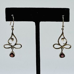 Sterling Silver Pierced Earrings Garnet Gemstone Artisan Twist Dangle