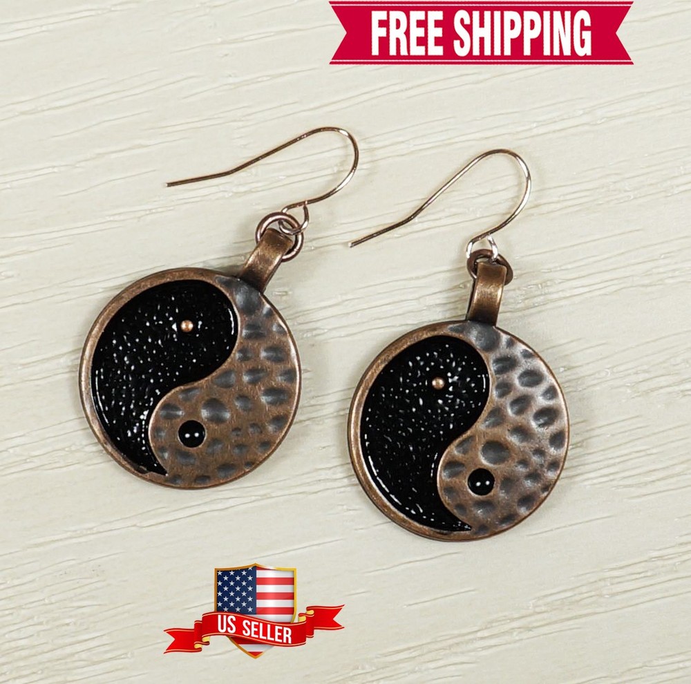 Yin Yang Earrings, Black and Hammered Copper, Hypoallergenic Rose Gold Ear Wires