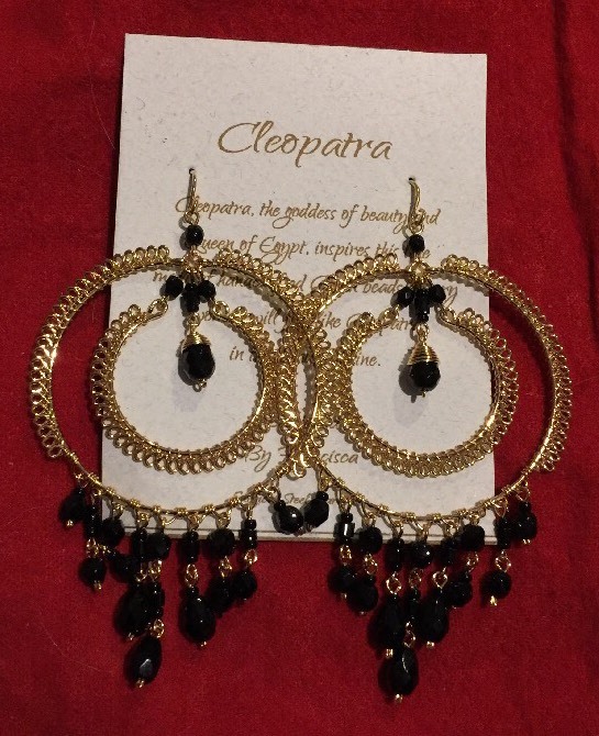 ❤️Cleopatra Collection Jet Black Beads Gold Plate dangle / earrings 3.58″ NWT