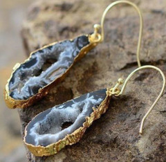 Black Druzy Agate Geode Slice Crystal Gold Filled Healing Dangle Earrings Gifts