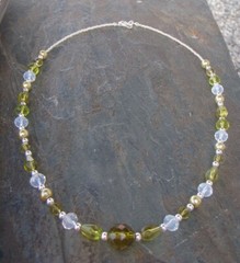 Handmade Short Necklace of Olive Green and Clear Glass with Silver Metal Beads