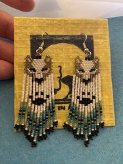 Wolf Earrings Beaded , Handmade In Alaska, Dangly White Blue Black