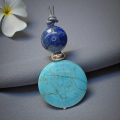 Turquoise Necklace Lapis Lazuli Pendant, Natural Blue Gemstone Chunky Geometric