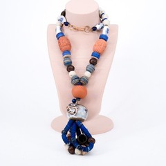 Roxsann Artisan Beaded Necklace Delft Porcelain Terracotta Lapis Cow Focal Bead