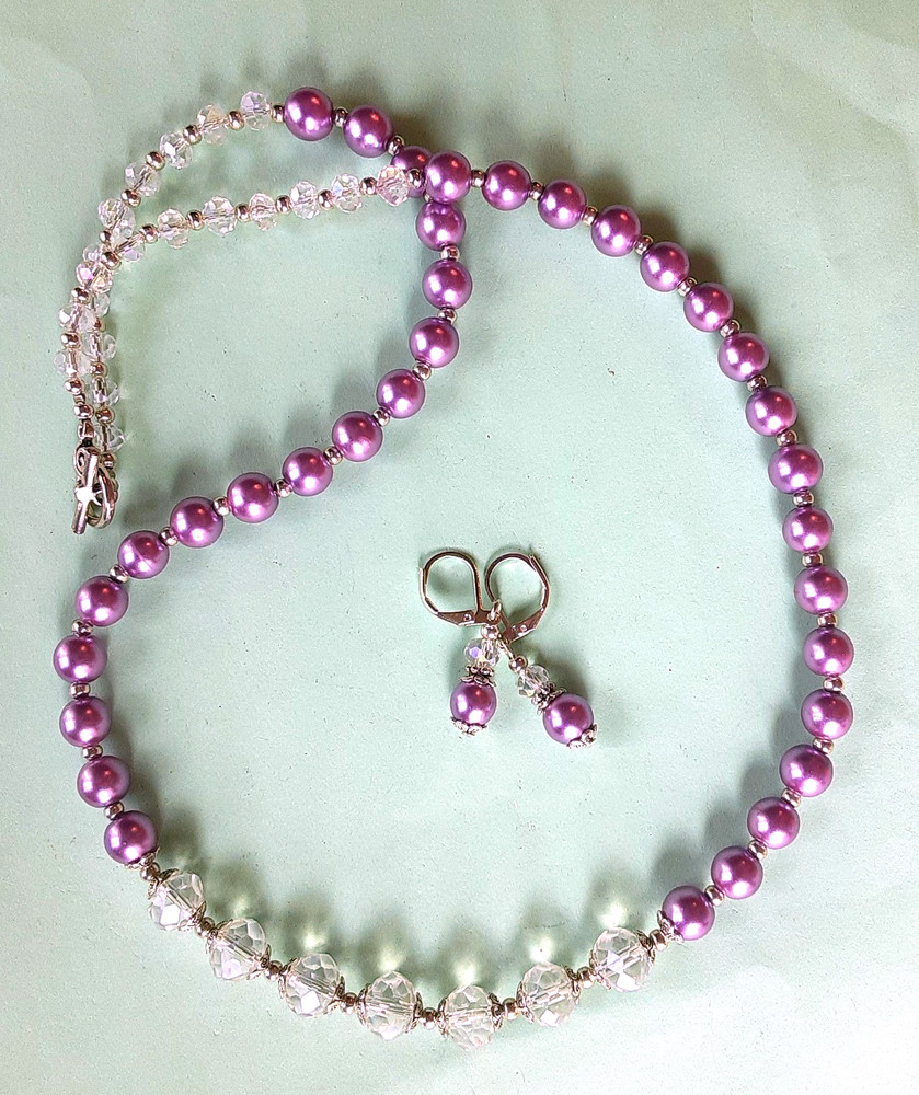 FACETED CRYSTAL LAVENDER glass pearl SP necklace set LEVERBACK