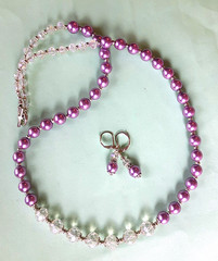 FACETED CRYSTAL LAVENDER glass pearl SP necklace set LEVERBACK