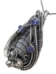Orthoceras Fossil Wire-Wrapped Pendant in Sterling Silver with Tanzanite
