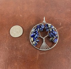 Hand-crafted Wire Wrapped Lapis Lazuli Tree of Life Pendant Silvertone & Blue