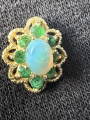 Vintage 14K Solid Gold Precious Gemstone Flower Pendant Emerald Ethiopian Opal
