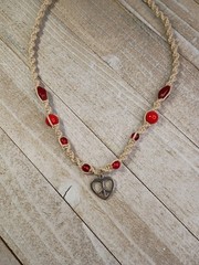 New Hemp Necklace w/ Heart Peace Sign Charm & Red Glass Beads, 18 inch Handmade