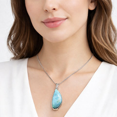 Handcrafted Natural Sky Blue Larimar .925 Sterling Silver Pendant 45mm