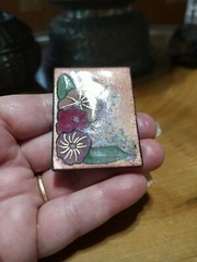 Anita Silverstein signed Copper Enamel brooch, pendant. 3 flowers