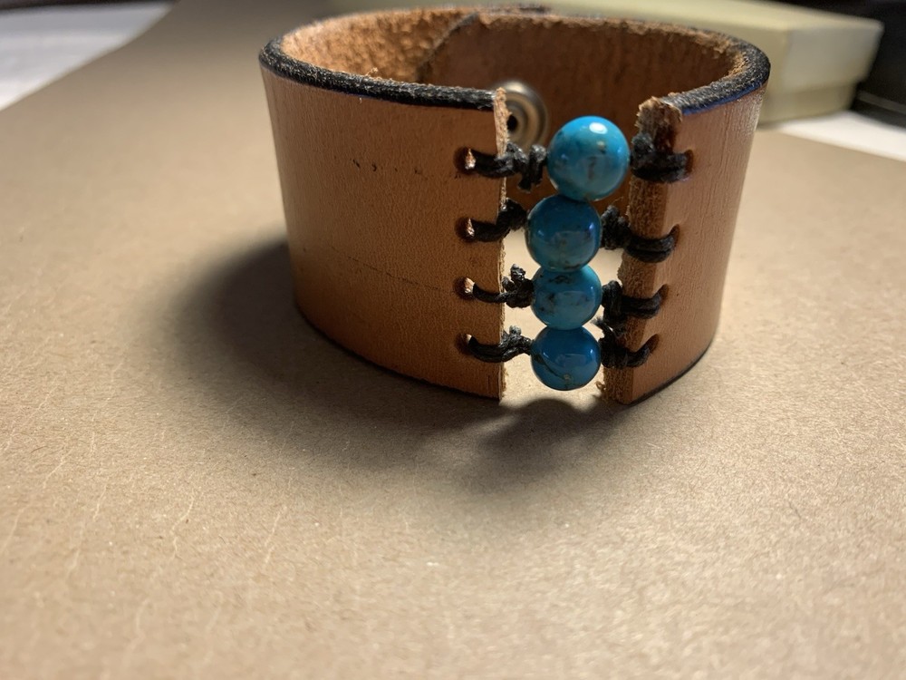 Leather Band Bracelet With Turquoise Beads Strong Snap Closure. See Pictures.