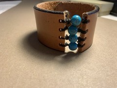Leather Band Bracelet With Turquoise Beads Strong Snap Closure. See Pictures.