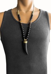 Tribal Horn Pendant Necklace Handmade Beaded Mens Statement Jewelry 30in