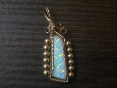 Artisan Gold Tone Wire Wrapped Blue Opal Look Pendant Southwestern Style