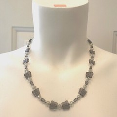 Handmade Necklace Gray Czech Glass Butterflies and Clear Glass Bead Silver Tone