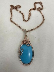Handmade Copper Wire Wrapped Turquoise 1 1/3 x 2 3/4 Oval Pendant 18″ Chain #219