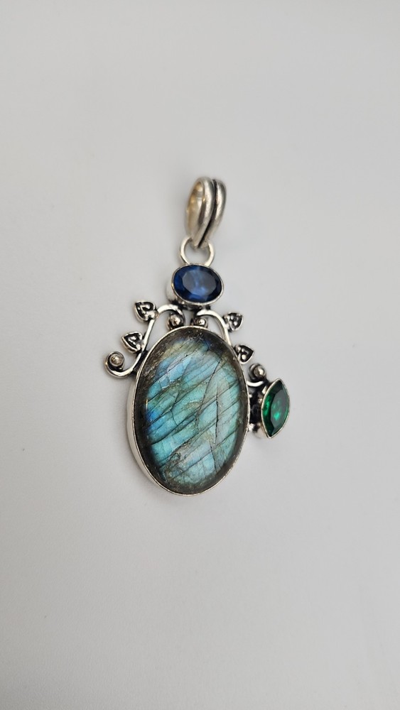 Labradorite Pendant With Blue & Green Topaz In Sterling Silver 2″ Long