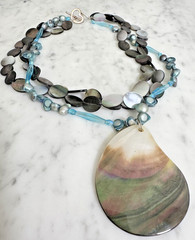 Artisan Blue Glass, Pearl, Shell Bead 3-Strand Pendant Toggle Necklace 17″