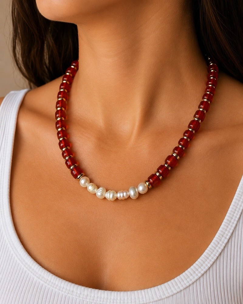Handmade Red Glass Bead And Fresh Water Pearl Necklace Gold Spacer Elegant