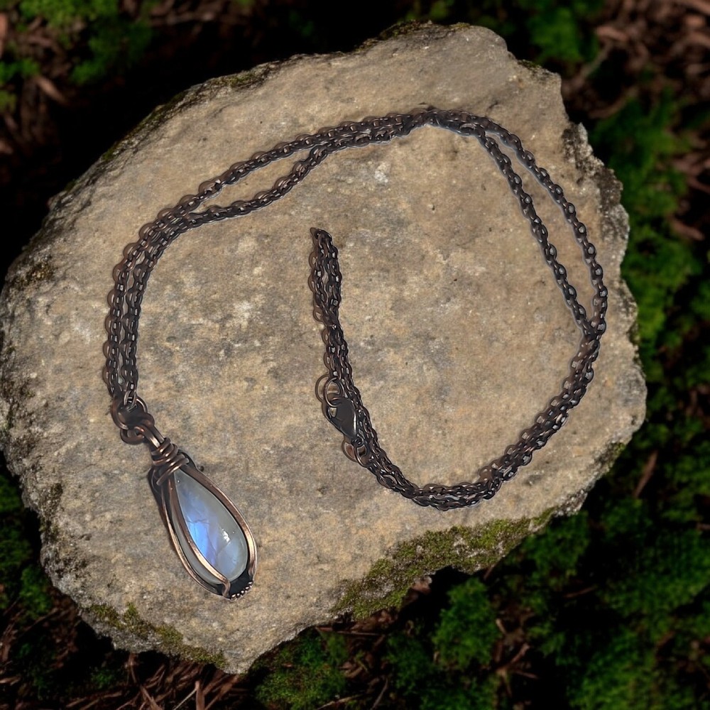 Handcrafted Antiqued Copper Wire Wrapped Moonstone Pendant On 20 Inch. Crystal