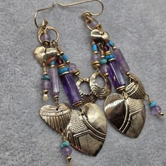 Vintage TABRA Signed Amethyst Turquoise Gemstone Hearts Circle Dangle Earrings