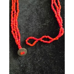Triple Strand Red Coral Seed Bead Necklace Etched Circle Horn Pendant Boho Beach