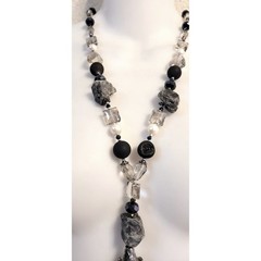 Mica Stone AB Crystal Glass Beaded Fringe Necklace Magnetic Clasp Gray Boho