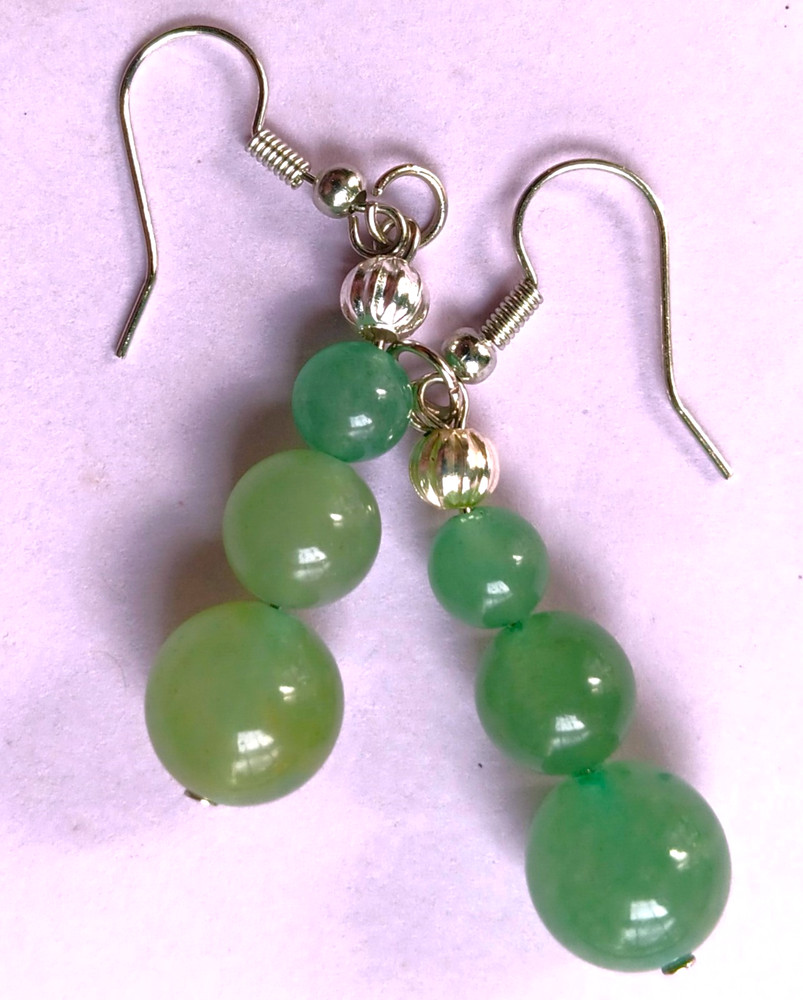 GREEN JADE triple graduated size earring SP FISH HOOK artisan #N25