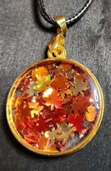 Handmade Resin Necklace – Goldtone- Autumn Leaves – Adjustable Cord Necklace
