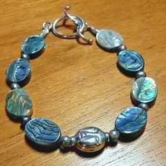 ABALONE PAUA, FRESHWATER PEARL, BUDDHA STERLING SILVER TOGGLE BRACELET