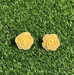 Handmade Button Earrings Stud Yellow Roses Flower Fabric Retro 80s Style NEW
