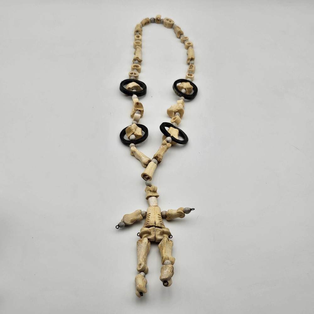 Vintage Deer Bone, Horn & Seed Necklace Rustic Skeleton Pendant