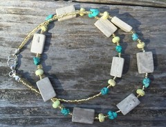 Handmade Necklace of Gray Marble, Green Magnesite, and Turquoise Nugget Beads