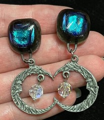Art glass pewter magic moon face dangle crystal earrings artesian jewelry