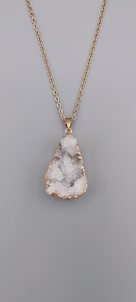 Natural Druzy Pendant Gold Plated Edges with Gold Tone Chain